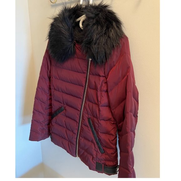 Karl Lagerfeld Burgundy Down Puffer Jacket with Faux Fur - Picture 3 of 9